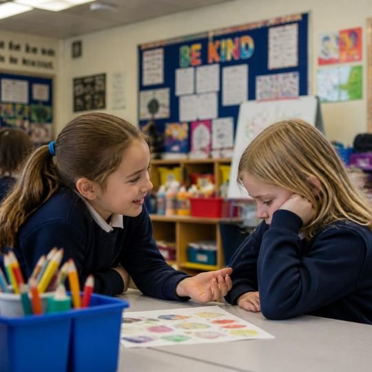 Une élève de primaire manifeste son soutien à une autre élève